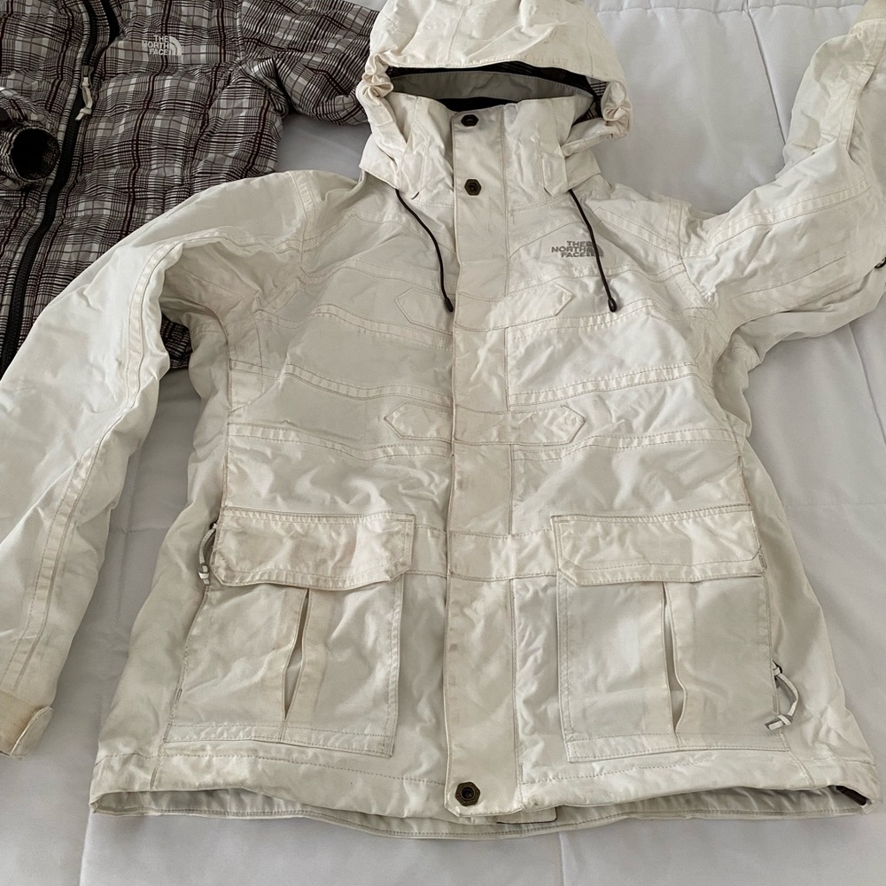 JACKET SET ONLY - north face white jacket with brown plaid insert.